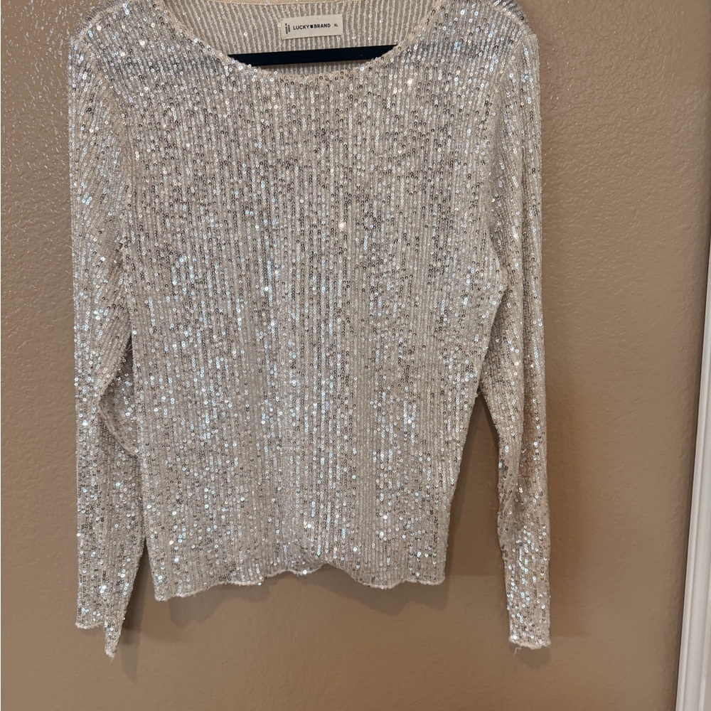 Lucky Brand Silver Sequin Long Sleeve Top